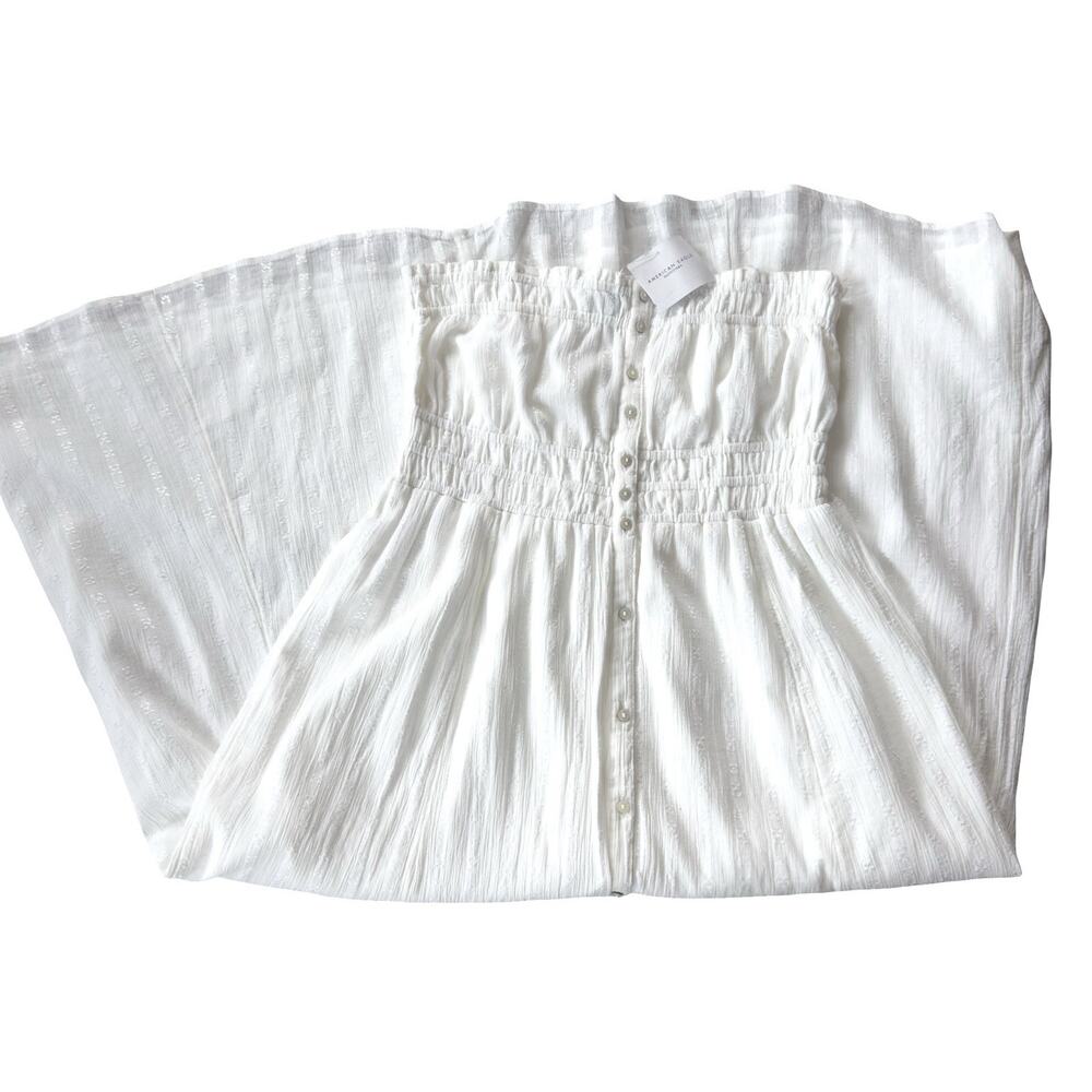 American Eagle White Smocked Midi Dress Small Boho Button Front NWT